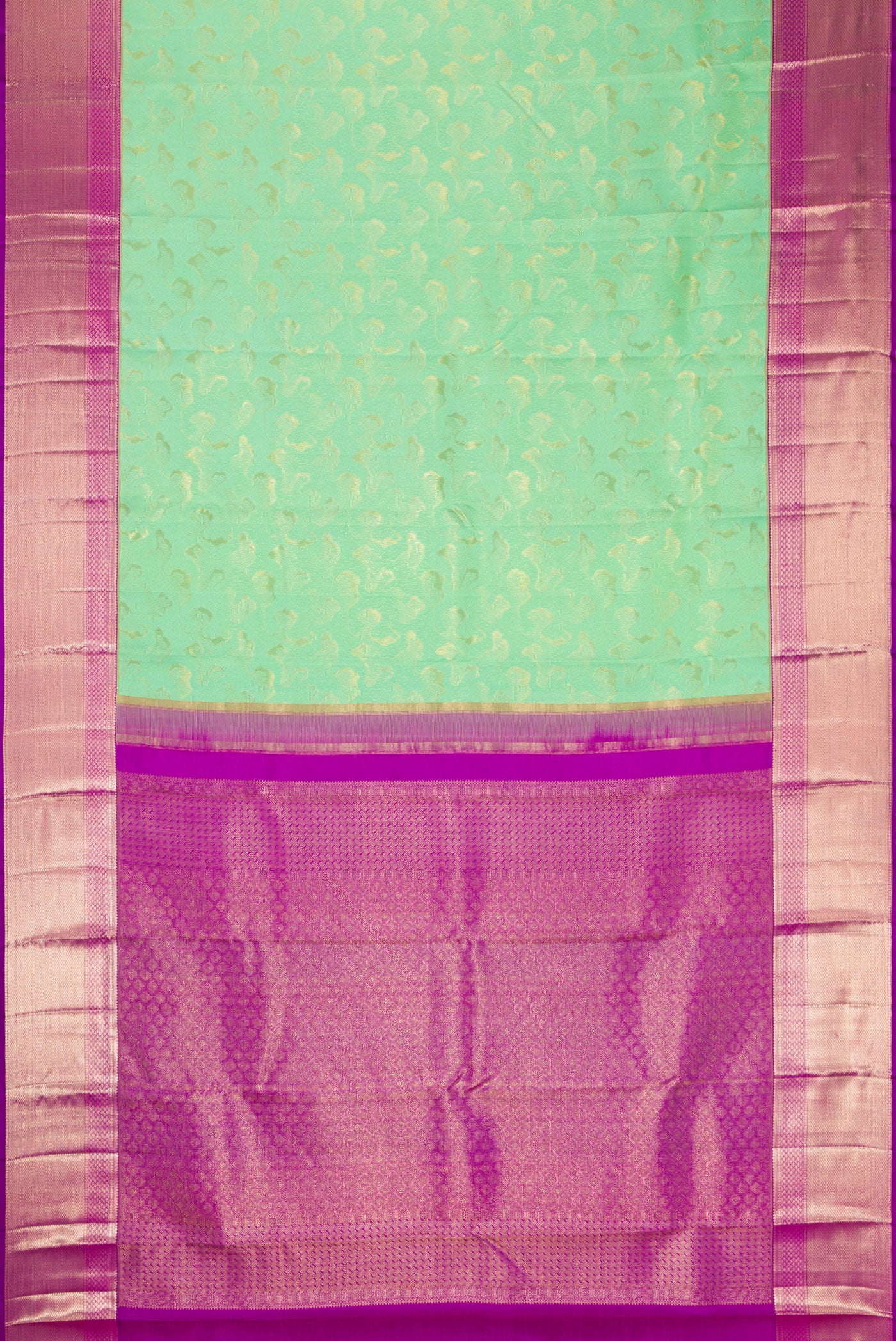 Flat view of Sea Green Dual Tone Kanchipuram Silk Saree with Zari Brocade on the body and Zari Border. 