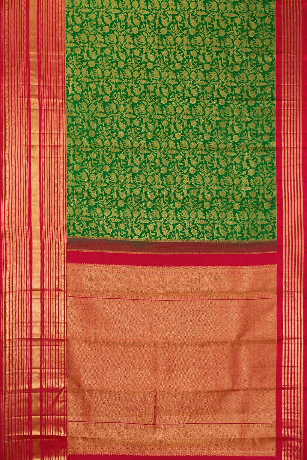 Flat view of Bottle Green Dual Tone Kanchipuram Silk Saree with Zari Brocade on the body and Zari Border. 