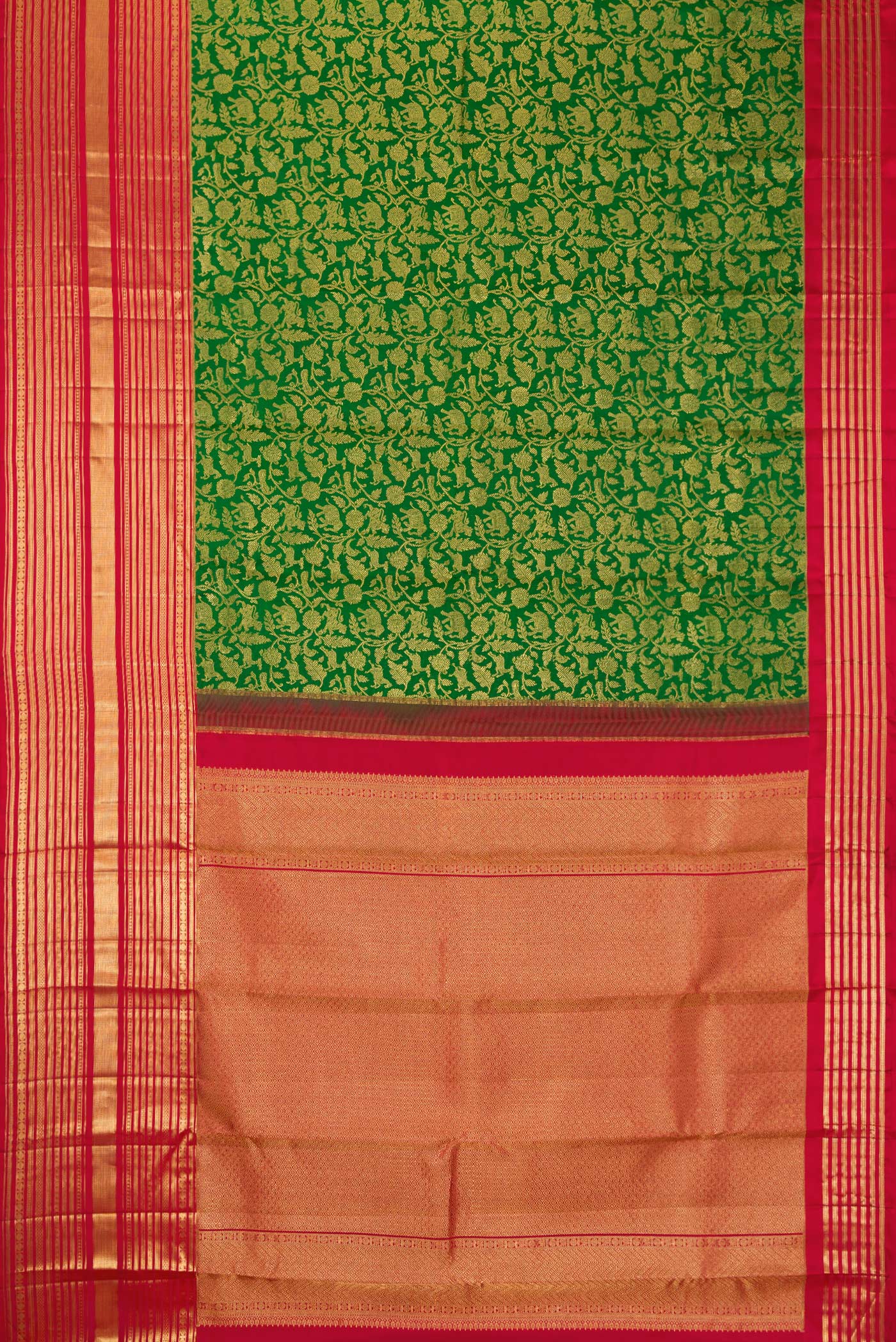 Flat view of Bottle Green Dual Tone Kanchipuram Silk Saree with Zari Brocade on the body and Zari Border. 