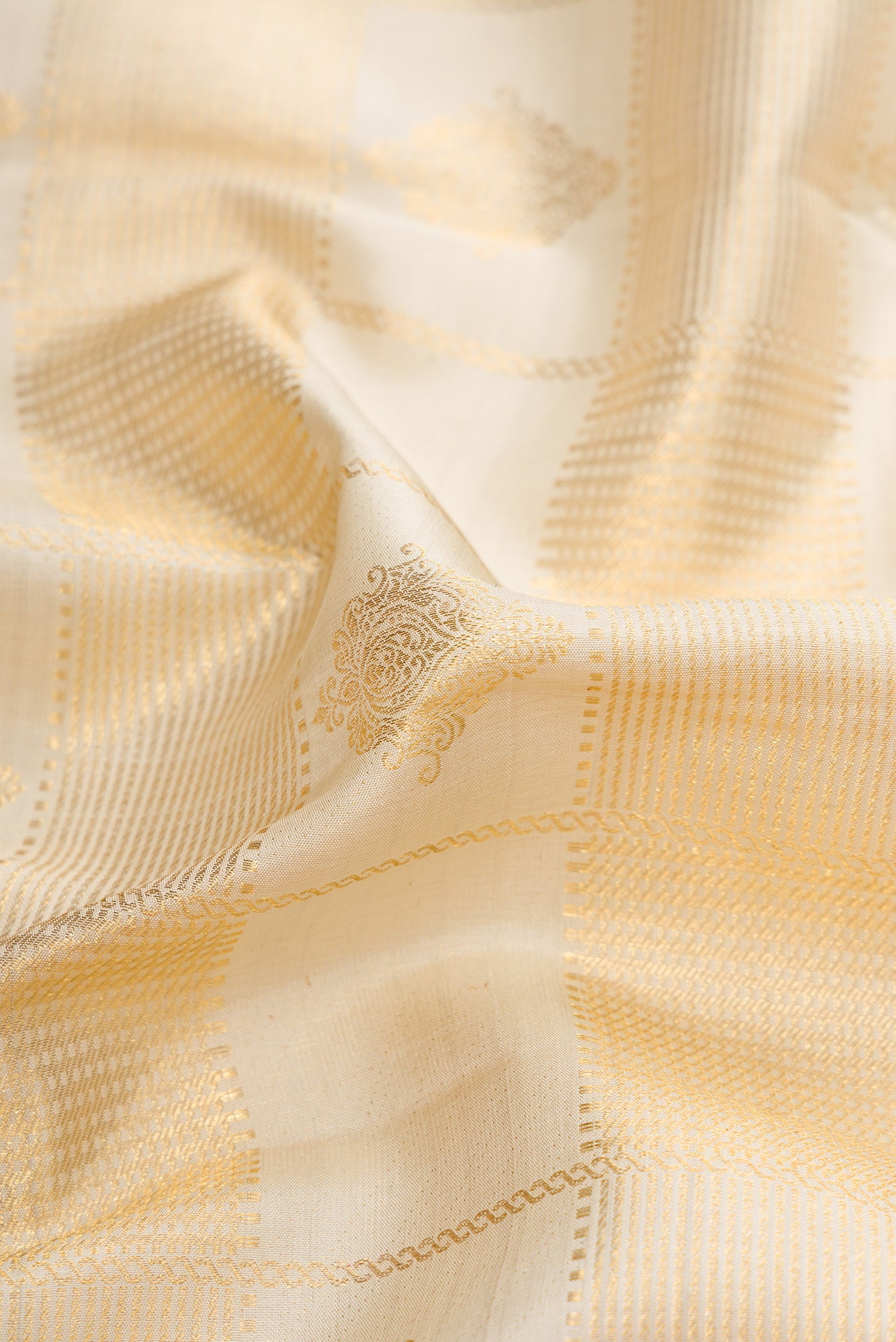 Close up of Off White Dual Tone Kanchipuram Silk Saree with Zari Brocade on the body and Zari Border.  displaying folds