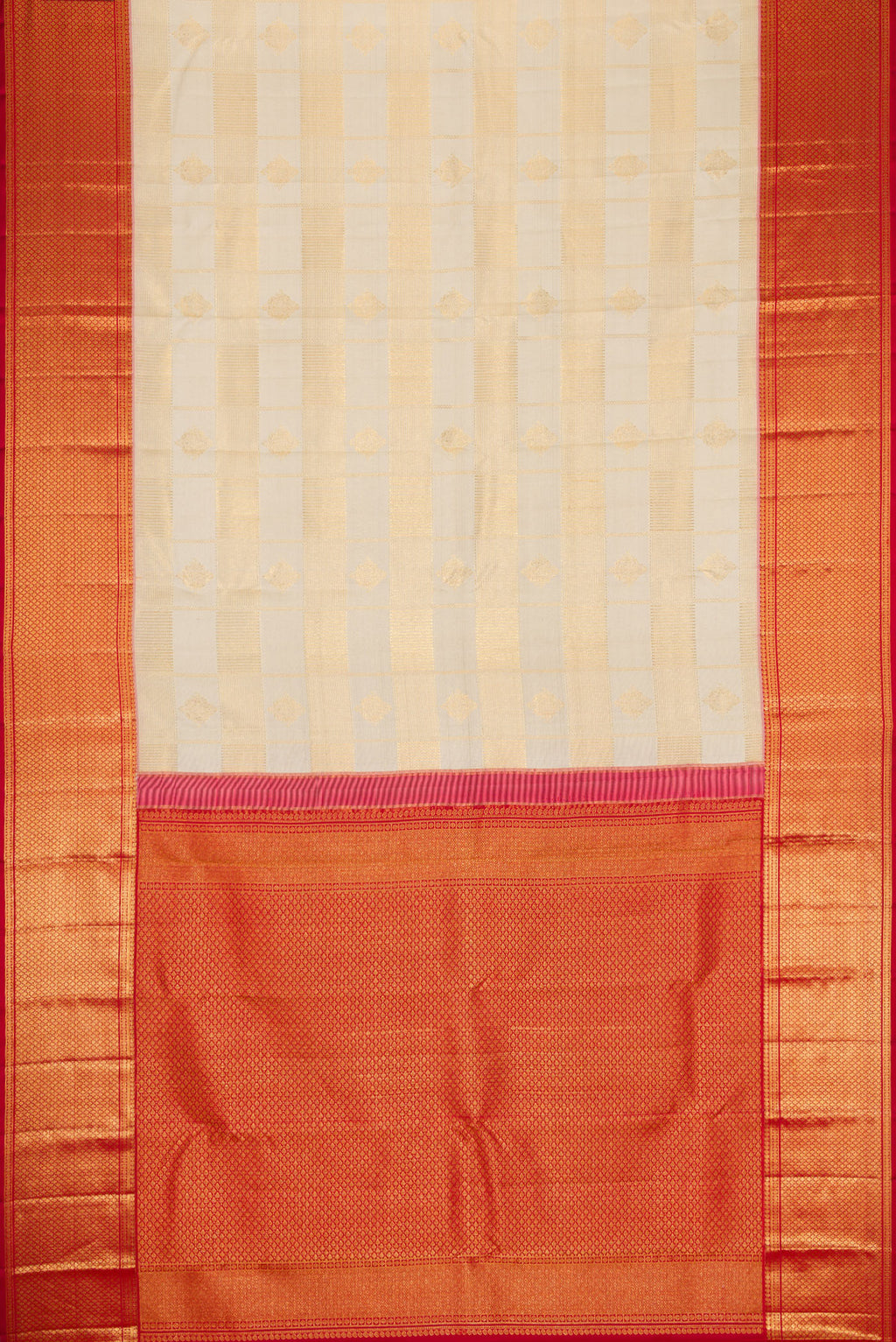 Flat view of Off White Dual Tone Kanchipuram Silk Saree with Zari Brocade on the body and Zari Border. 