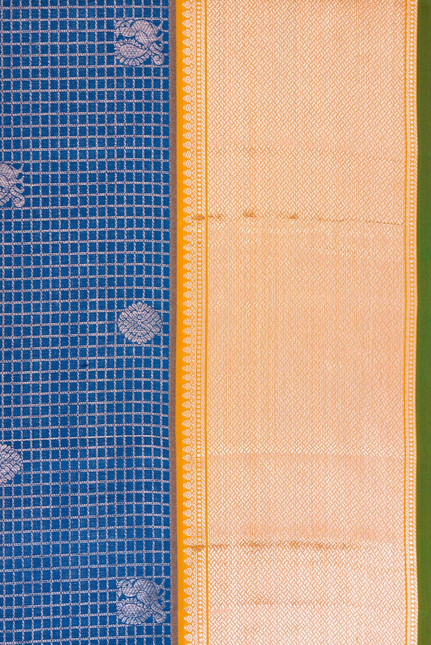 Border image of Peacock Blue Dual Tone Kanchipuram Silk Saree with Zari Brocade on the body and Zari Border. 