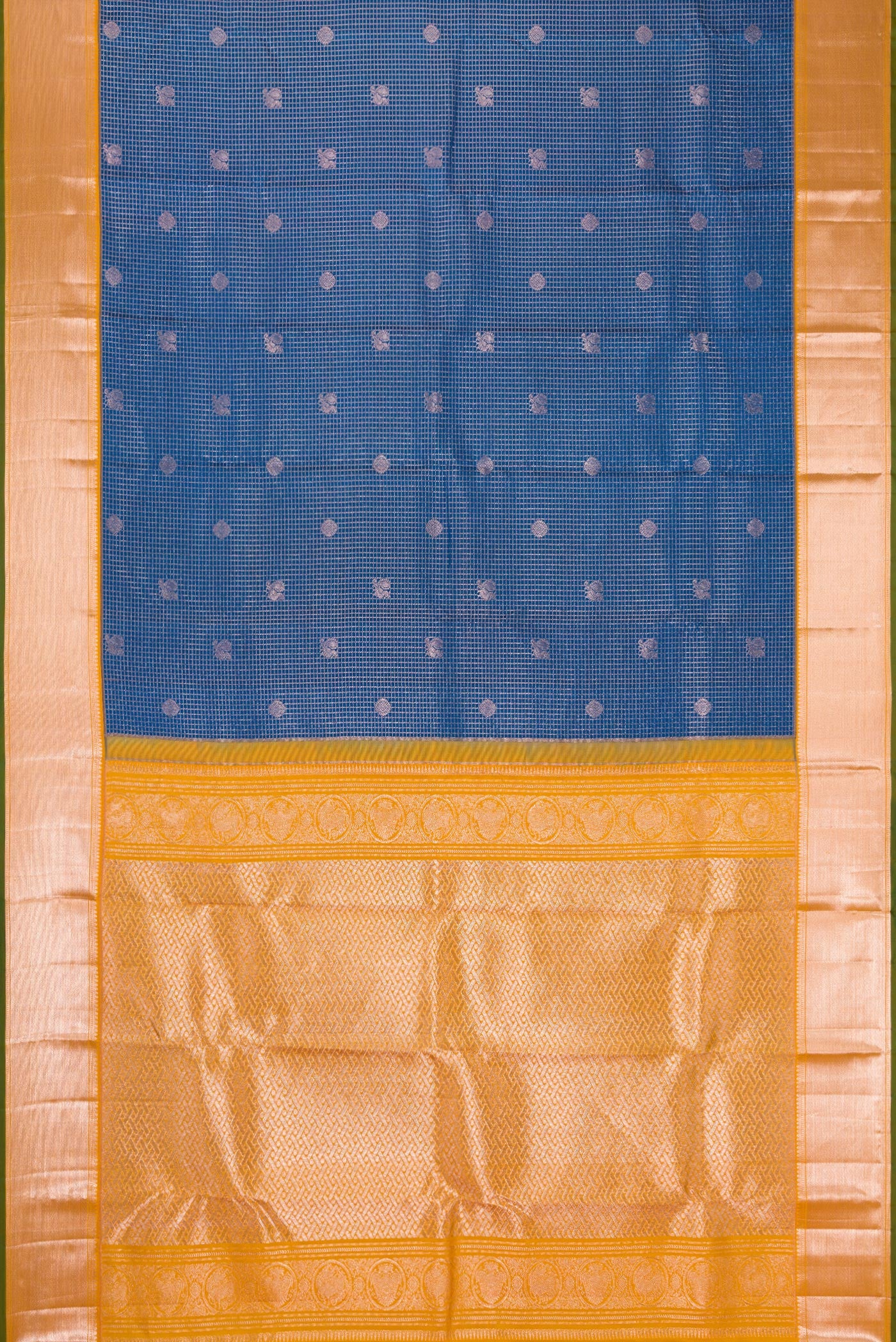 Flat view of Peacock Blue Dual Tone Kanchipuram Silk Saree with Zari Brocade on the body and Zari Border. 