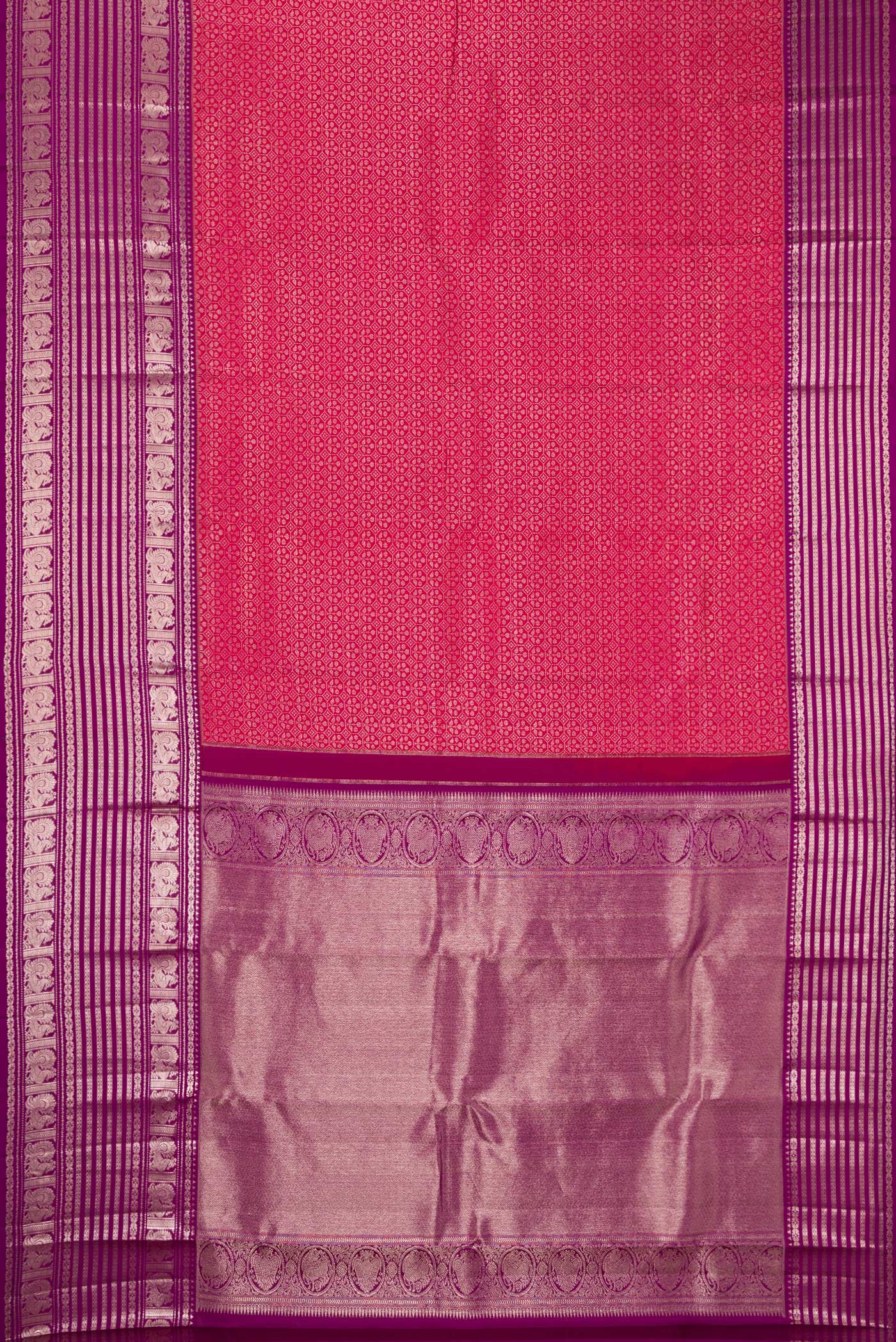 Flat view of Dark Pink Kanchipuram Silk Saree with Zari Brocade on the body and Fancy Border. 