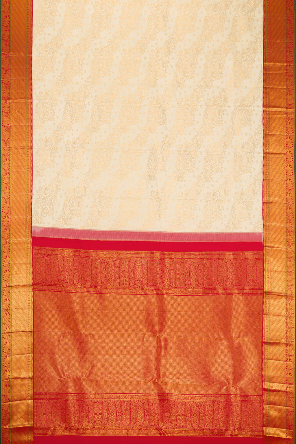Flat view of Off White Dual Tone Kanjivaram Silk Saree with Zari Brocade on the body and Zari Border. 