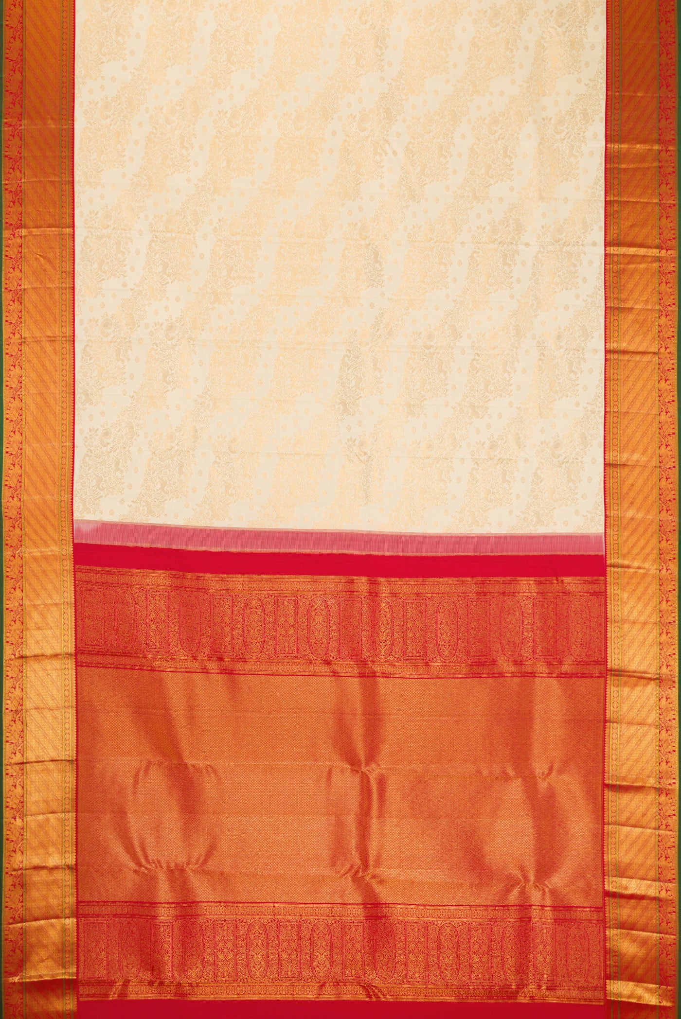 Flat view of Off White Dual Tone Kanjivaram Silk Saree with Zari Brocade on the body and Zari Border. 