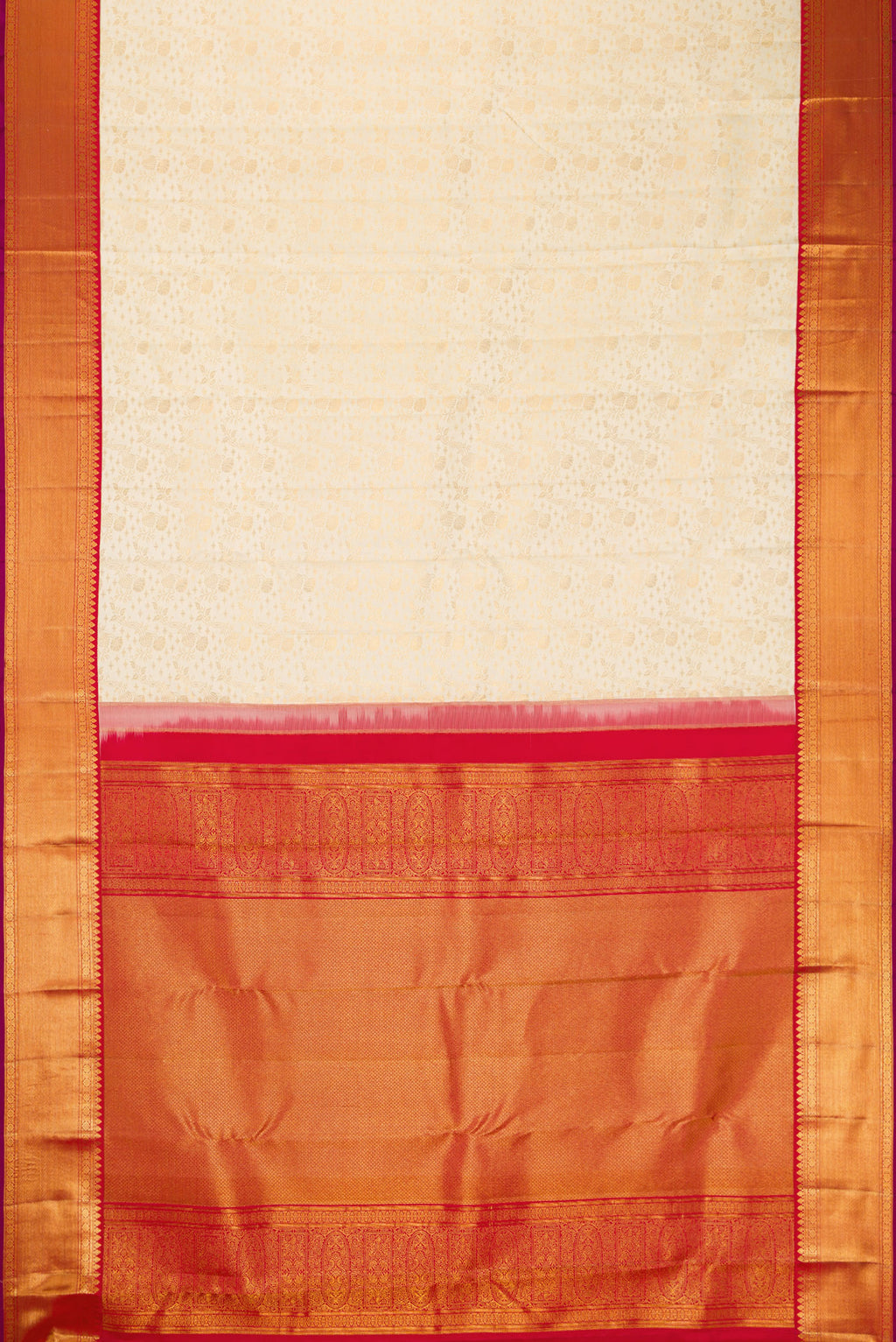 Flat view of Off White Dual Tone Kanjivaram Silk Saree with Zari Brocade on the body and Zari Border. 