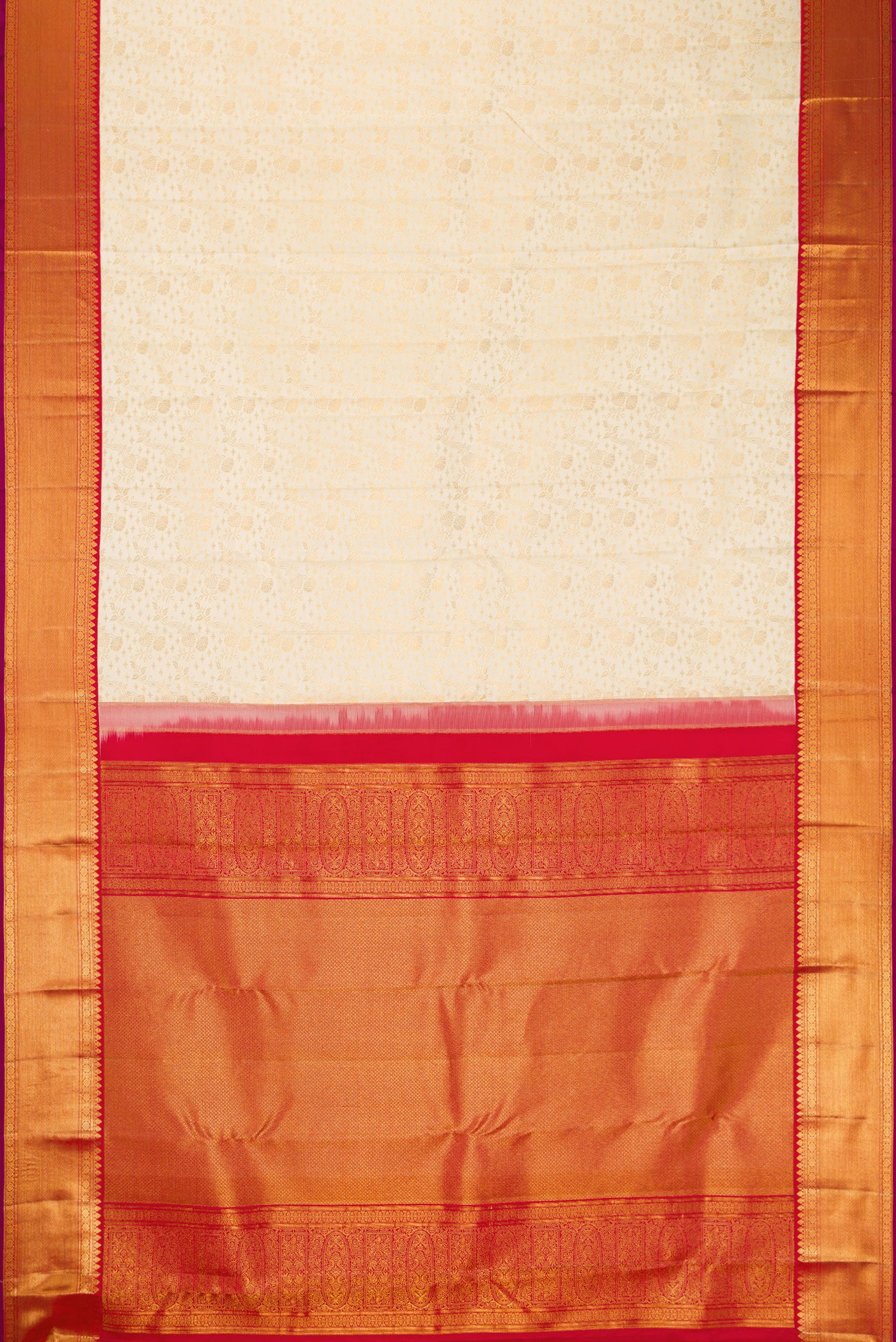 Flat view of Off White Dual Tone Kanjivaram Silk Saree with Zari Brocade on the body and Zari Border. 