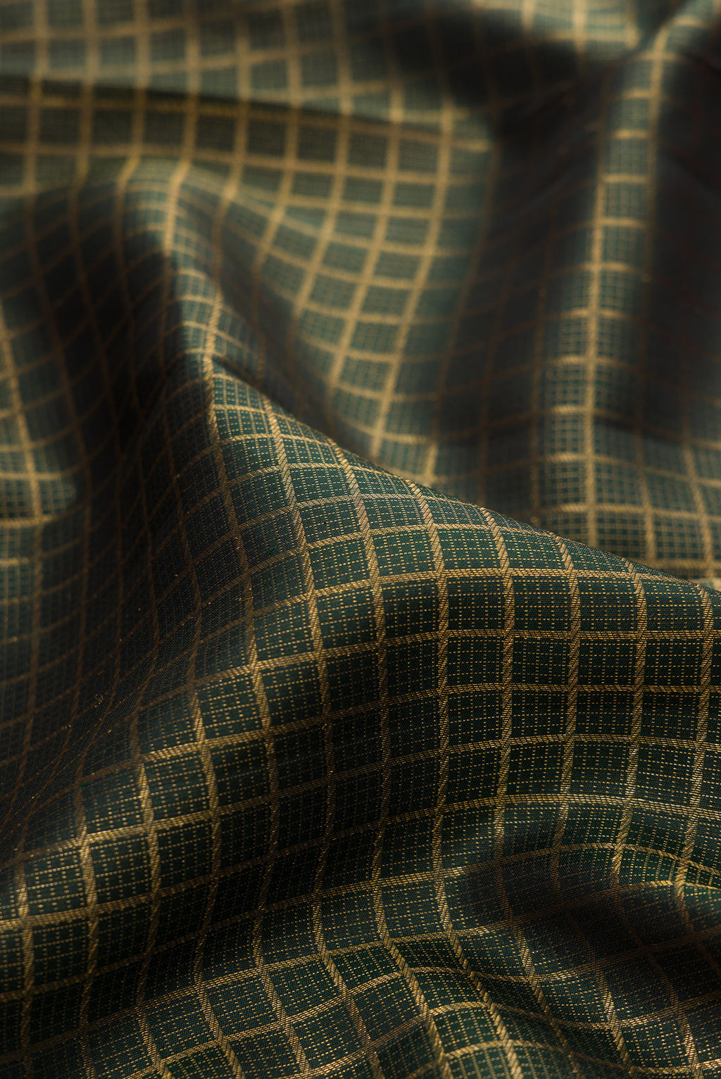 Close up of Pure Silk Bottle Green Kanjivaram Saree with Checked design on the body and Zari Border.  displaying folds