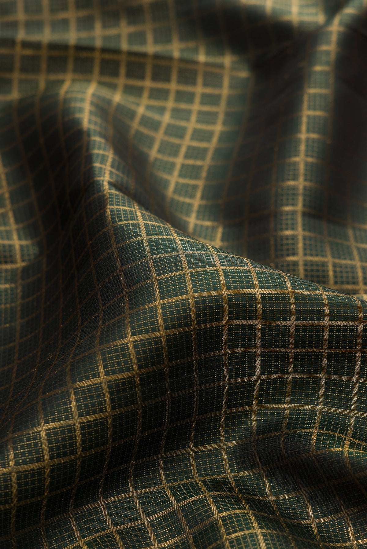 Close up of Pure Silk Bottle Green Kanjivaram Saree with Checked design on the body and Zari Border.  displaying folds