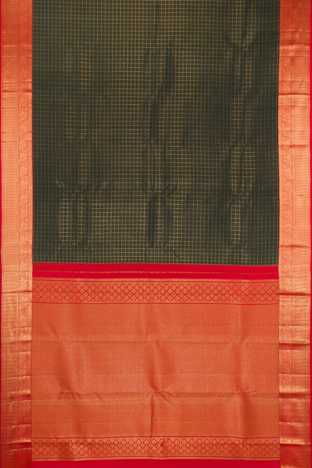 Flat view of Pure Silk Bottle Green Kanjivaram Saree with Checked design on the body and Zari Border. 