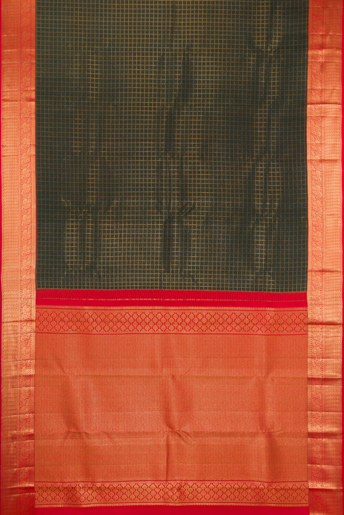Flat view of Pure Silk Bottle Green Kanjivaram Saree with Checked design on the body and Zari Border. 