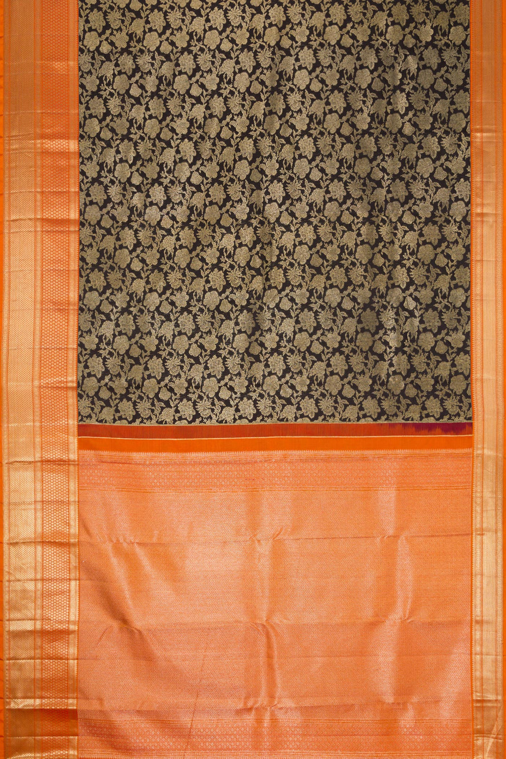 Flat view of Black Dual Tone Kanjivaram Silk Saree with Zari Brocade on the body and Zari Border. 