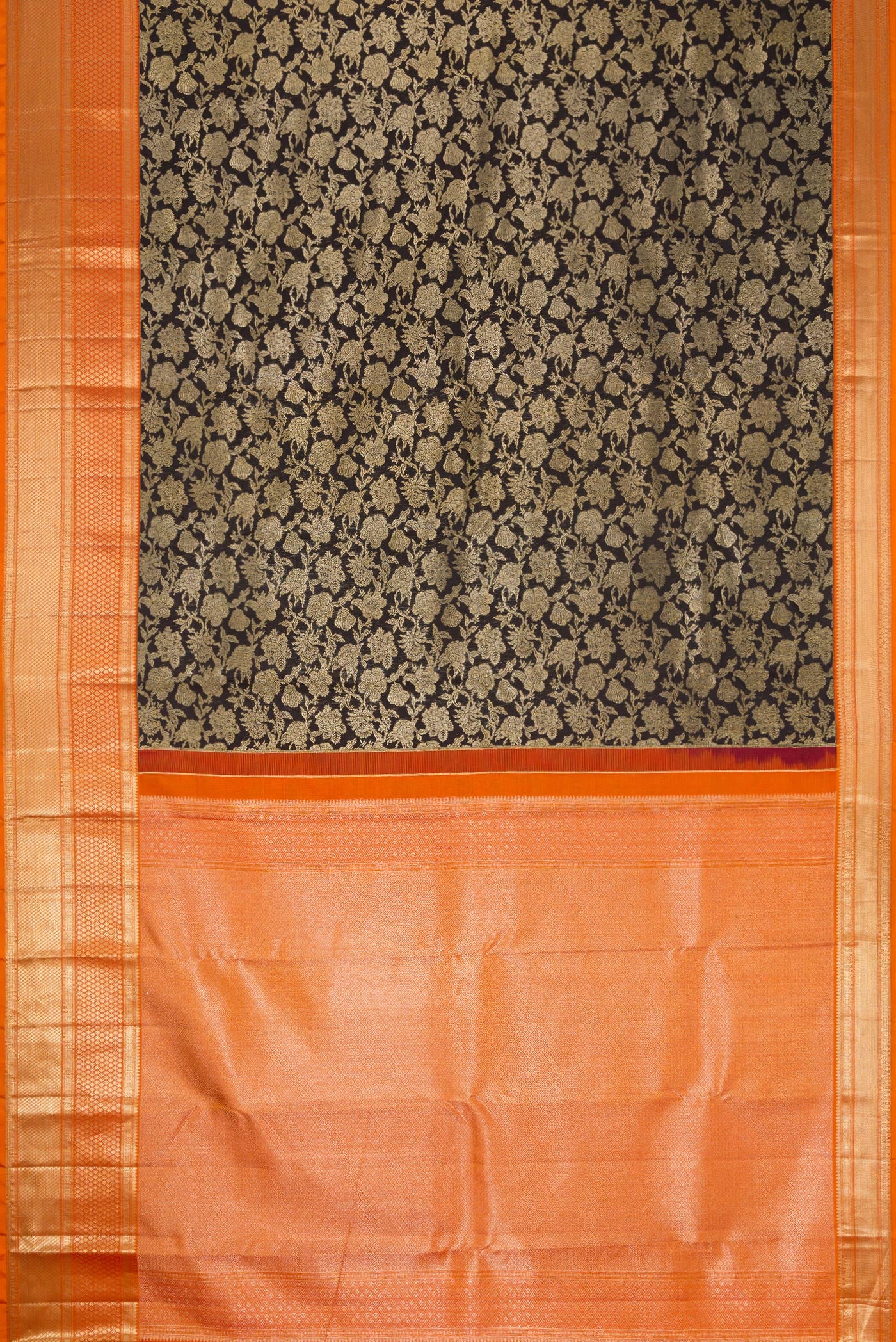 Flat view of Black Dual Tone Kanjivaram Silk Saree with Zari Brocade on the body and Zari Border. 