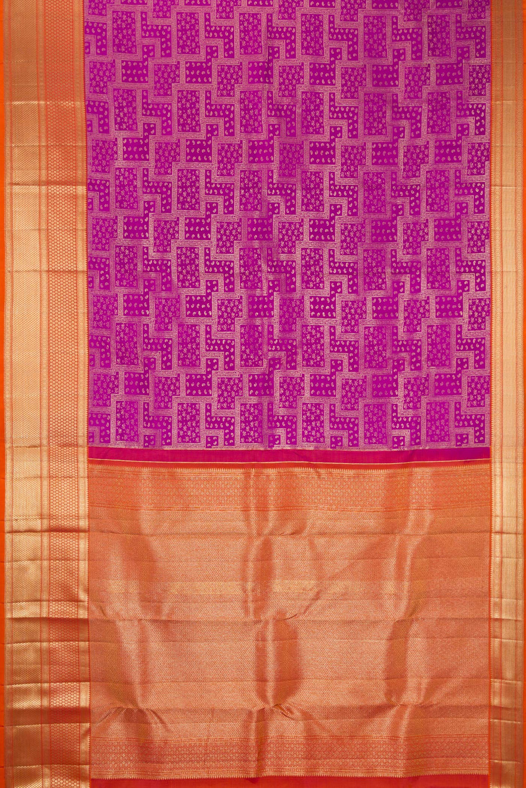 Flat view of Purple Kanjivaram Silk Saree with Zari Brocade on the body and Zari Border. 