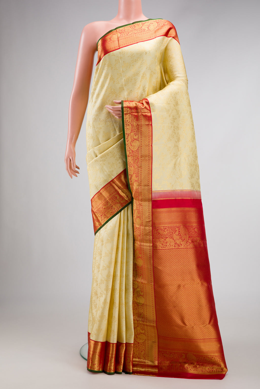 Sandal Dual Tone Kanjivaram Silk Saree with Zari Brocade on the body and Zari Border.  displayed on a mannequin