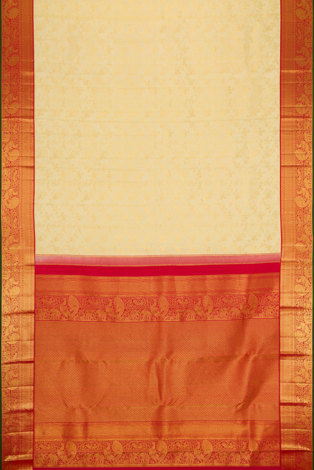 Flat view of Sandal Dual Tone Kanjivaram Silk Saree with Zari Brocade on the body and Zari Border. 