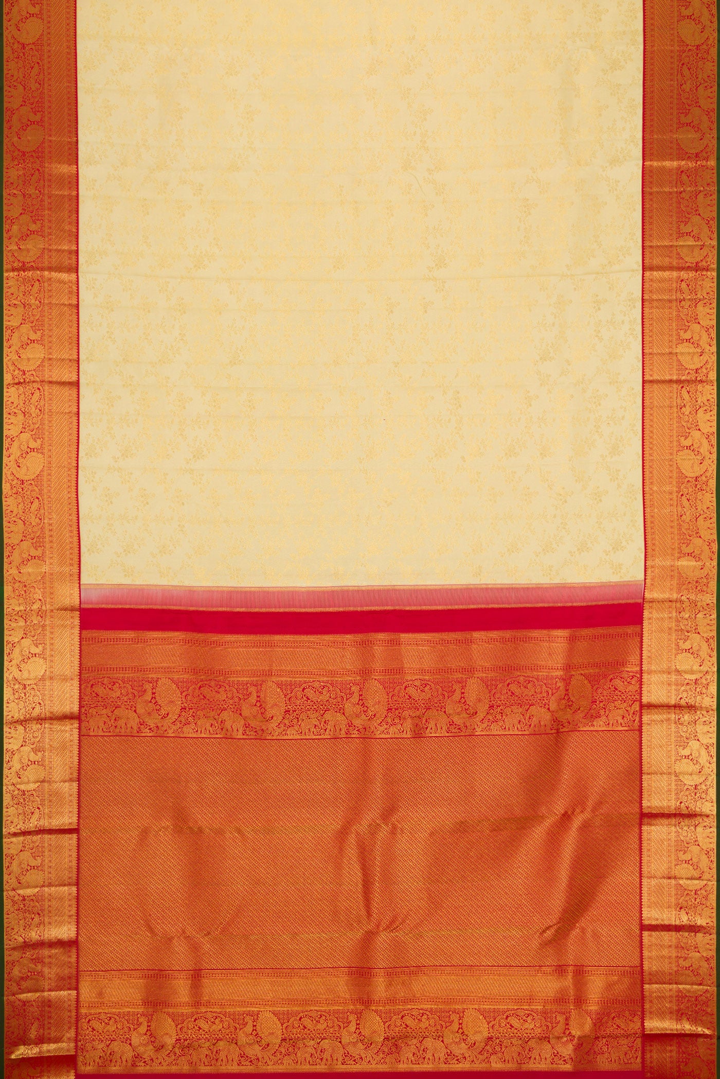 Flat view of Sandal Dual Tone Kanjivaram Silk Saree with Zari Brocade on the body and Zari Border. 