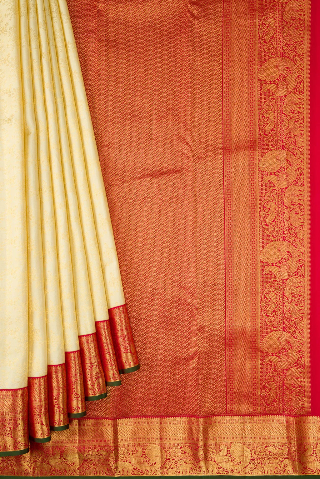 Pleats and pallu of Sandal Dual Tone Kanjivaram Silk Saree with Zari Brocade on the body and Zari Border. 