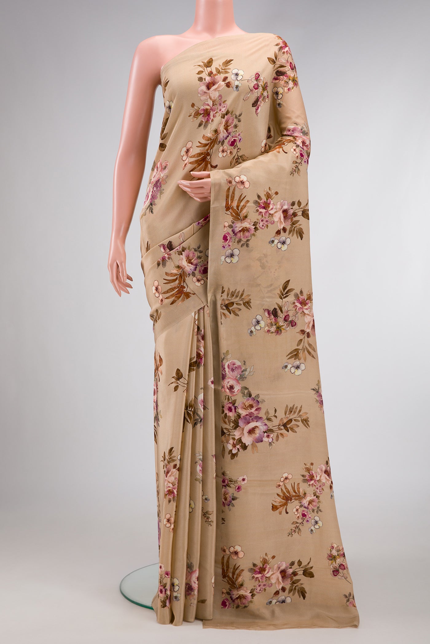Beige Dual Tone Mysore Crepe Saree with Printed design on the body and Plain Border.  displayed on a mannequin