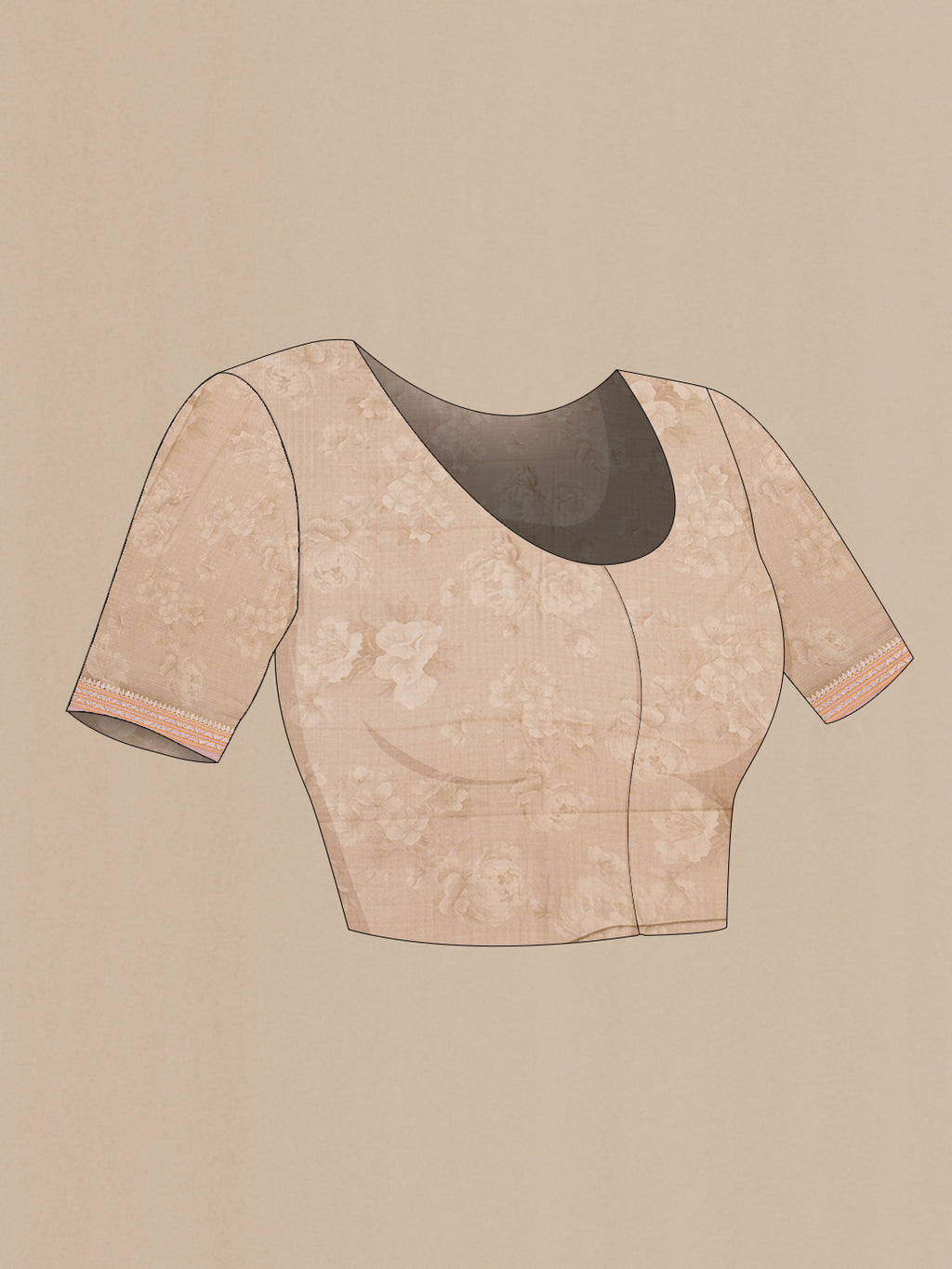 Close up image of the blouse of Pure Silk Beige Dual Tone Chanderi Saree with Printed design on the body and Zari And Thread Border. 