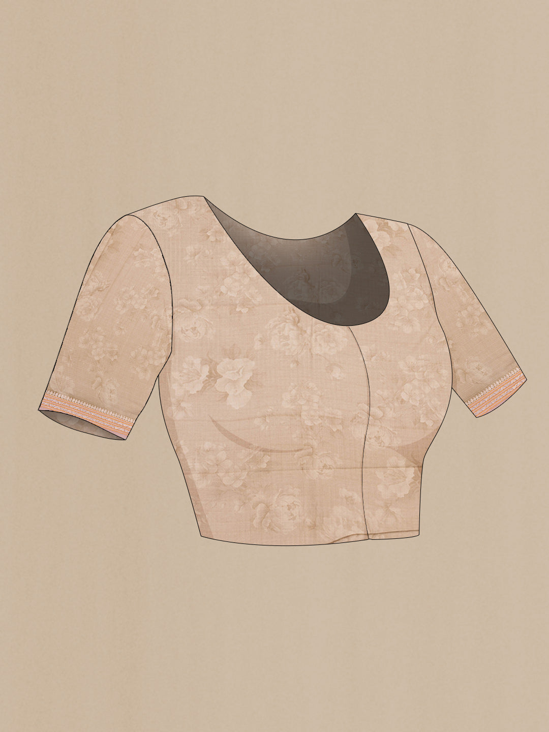 Close up image of the blouse of Pure Silk Beige Dual Tone Chanderi Saree with Printed design on the body and Zari And Thread Border. 