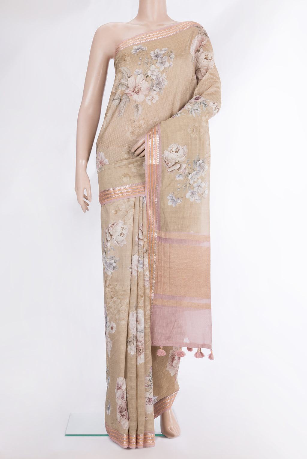 Pure Silk Beige Dual Tone Chanderi Saree with Printed design on the body and Zari And Thread Border.  displayed on a mannequin