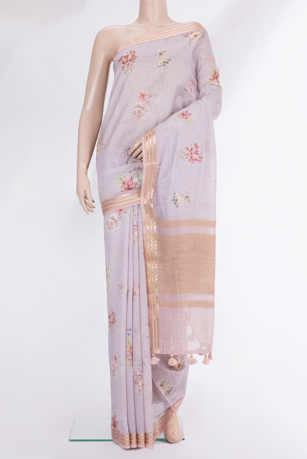 Pure Silk Lavender Dual Tone Chanderi Saree with Printed design on the body and Zari And Thread Border.  displayed on a mannequin