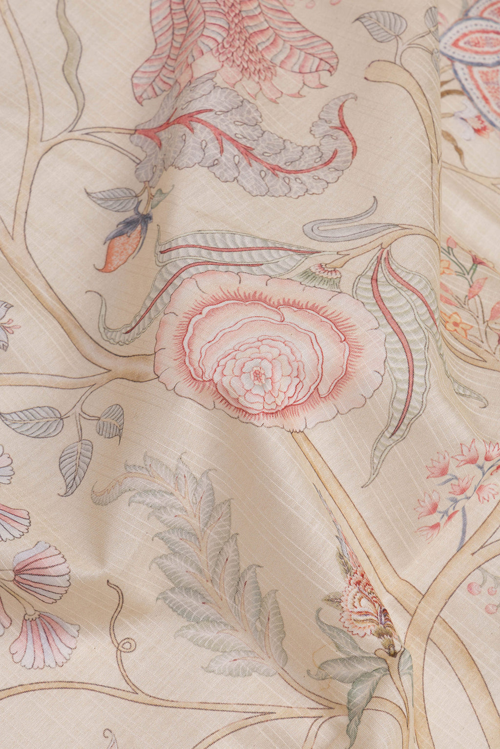 Close up of Sandal Dual Tone Chanderi Silk Saree with Printed design on the body and Zari Border.  displaying folds