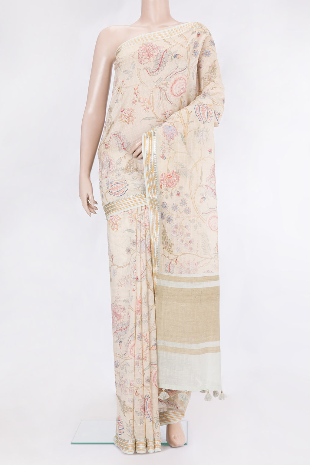 Sandal Dual Tone Chanderi Silk Saree with Printed design on the body and Zari Border.  displayed on a mannequin