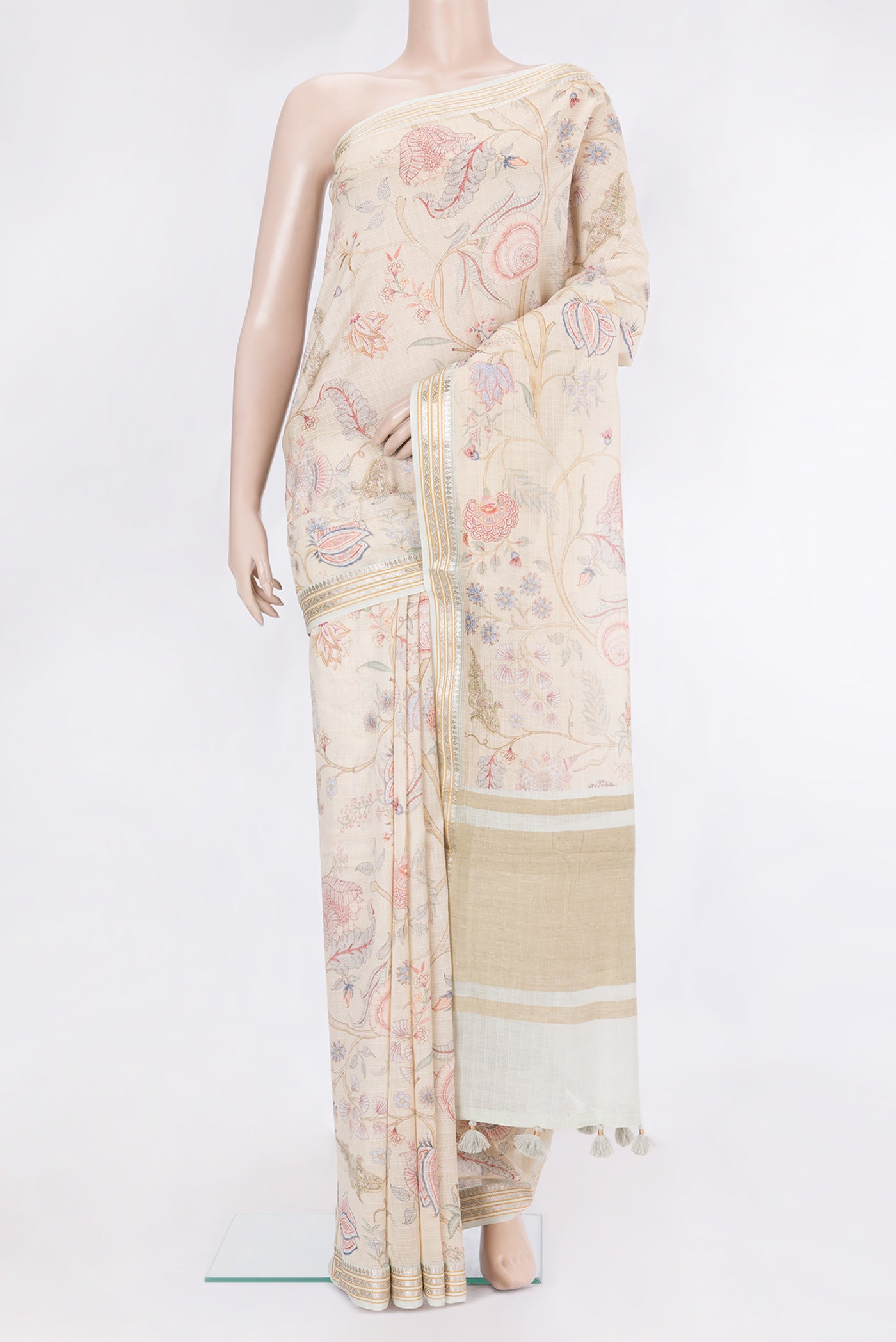 Sandal Dual Tone Chanderi Silk Saree with Printed design on the body and Zari Border.  displayed on a mannequin