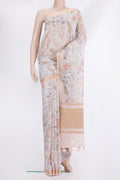 Beige Chanderi Cotton Saree with Floral Print on the body and Zari And Thread Border.  displayed on a mannequin