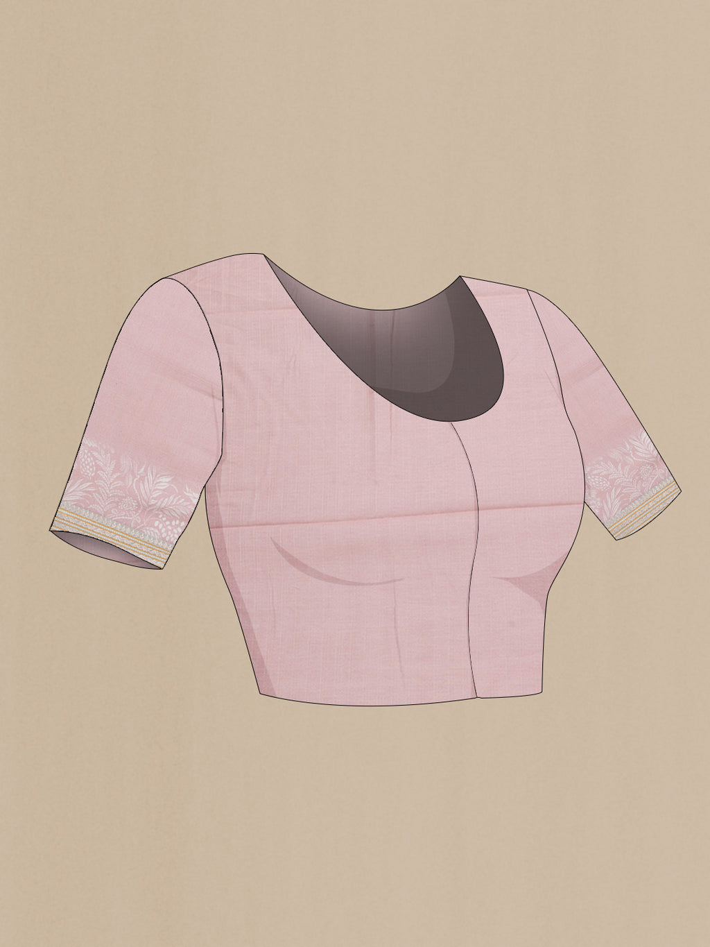 Close up image of the blouse of Rose Gold Dual Tone Chanderi Silk Saree with Printed design on the body and Zari Border. 