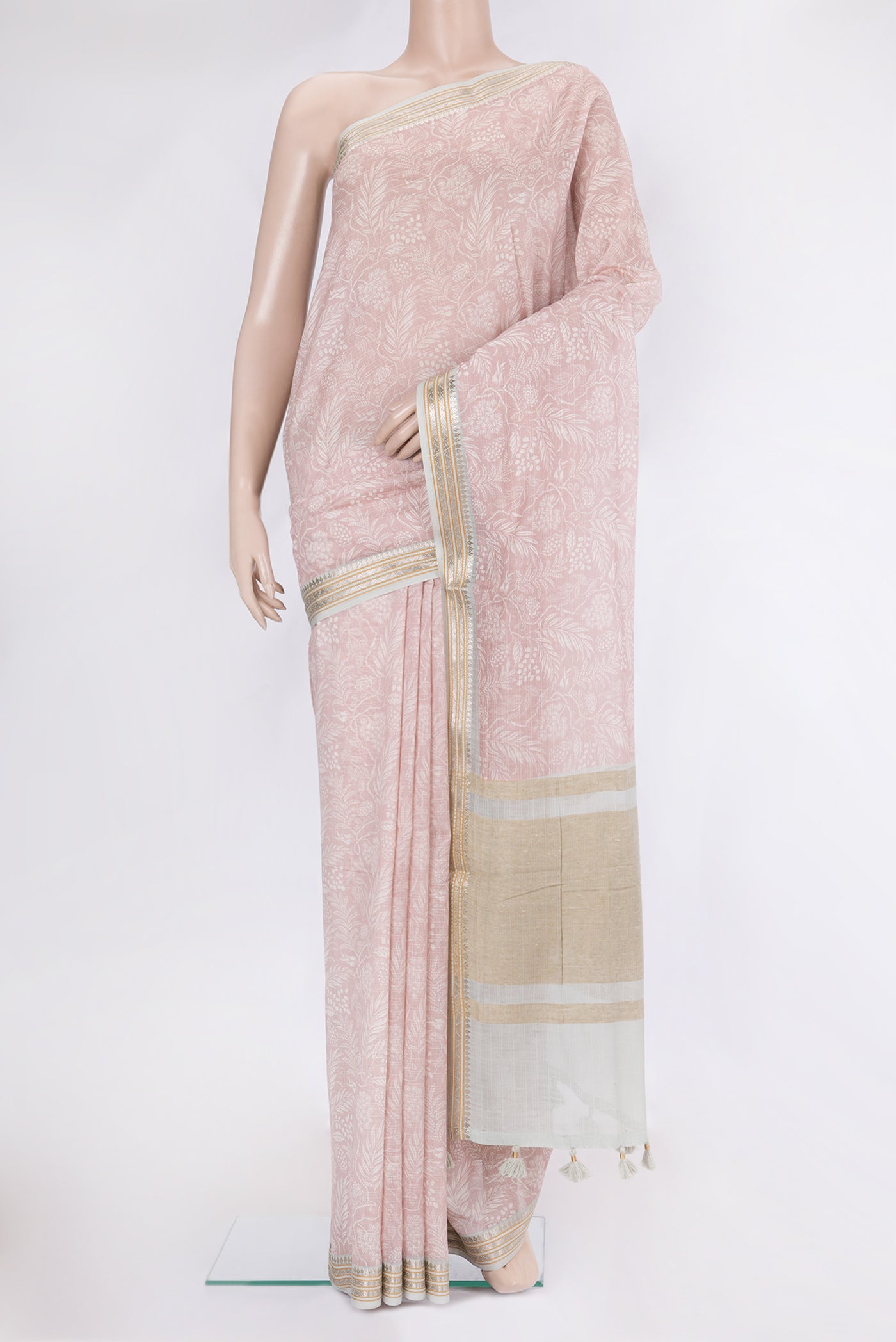 Rose Gold Dual Tone Chanderi Silk Saree with Printed design on the body and Zari Border.  displayed on a mannequin