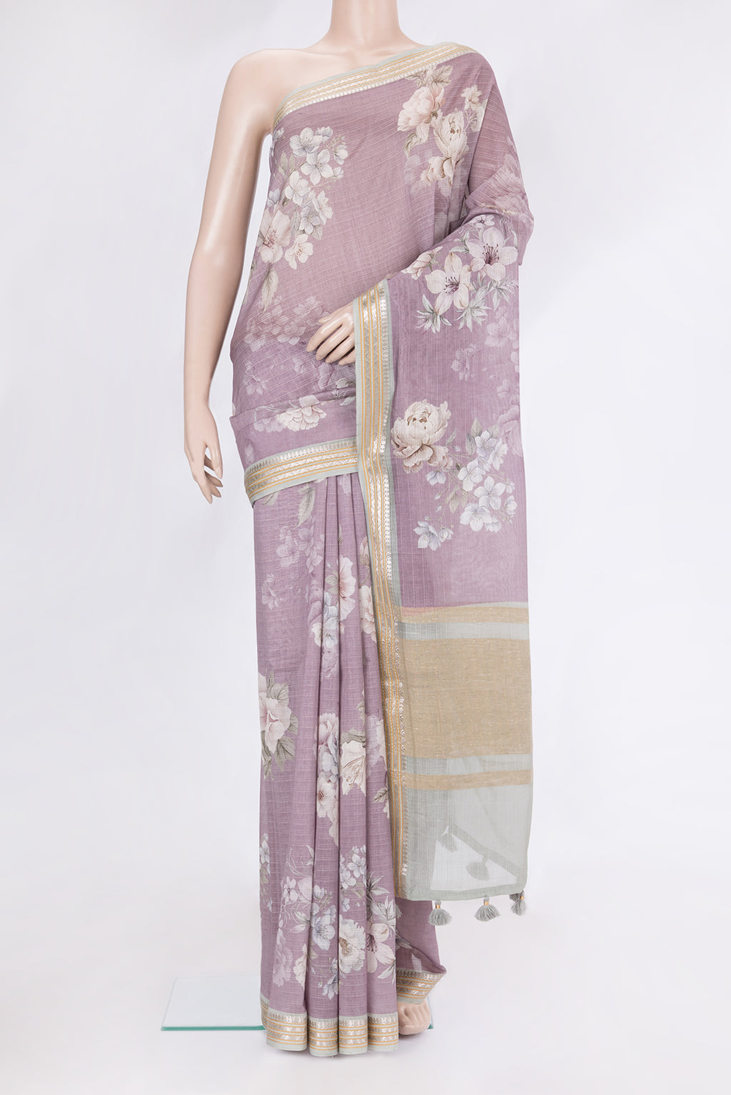 Purple Dual Tone Chanderi Silk Saree with Printed design on the body and Zari Border.  displayed on a mannequin