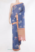 Pure Silk Navy Blue Dual Tone Chanderi Saree with Printed design on the body and Zari And Thread Border.  displayed on a mannequin