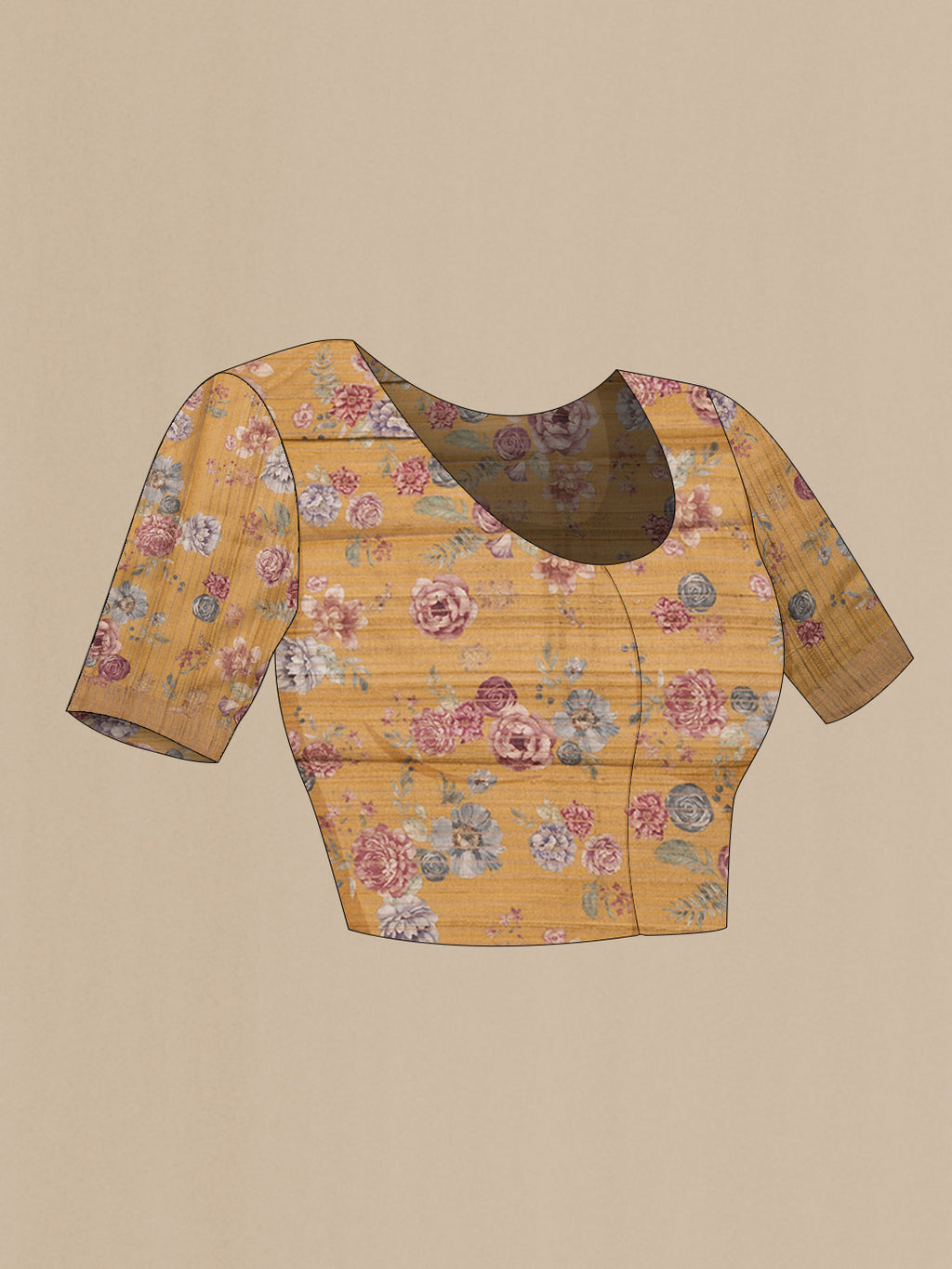 Close up image of the blouse of Mustard Dual Tone Tussar Silk Saree with Printed design on the body and Zari Border. 