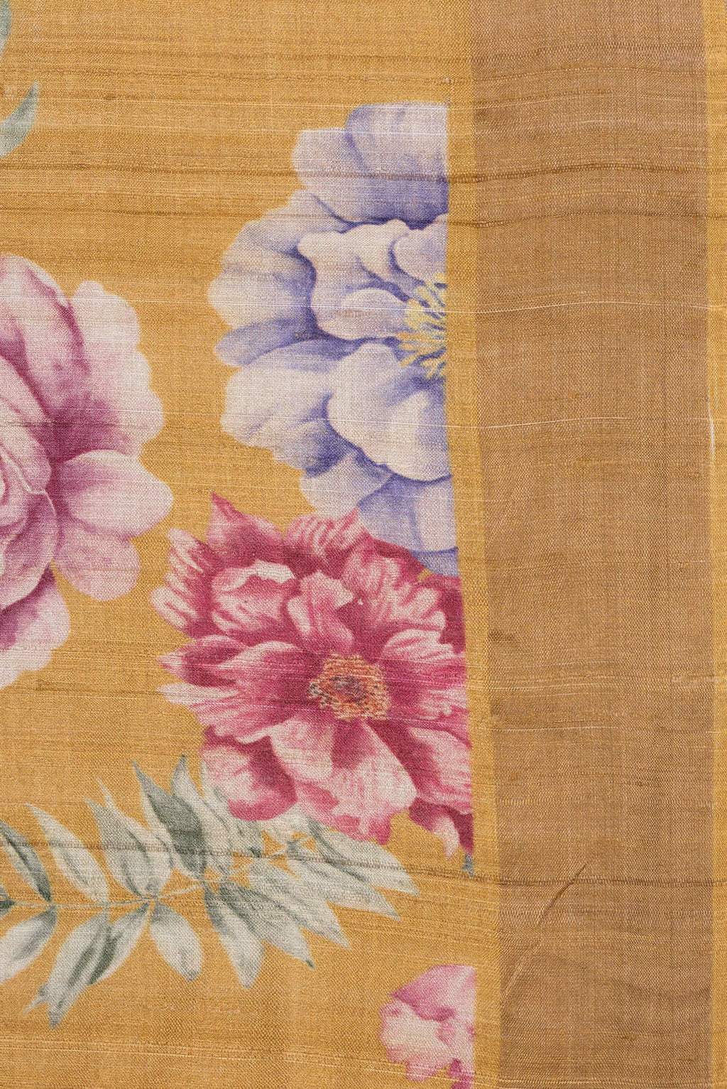 Border image of Mustard Dual Tone Tussar Silk Saree with Printed design on the body and Zari Border. 