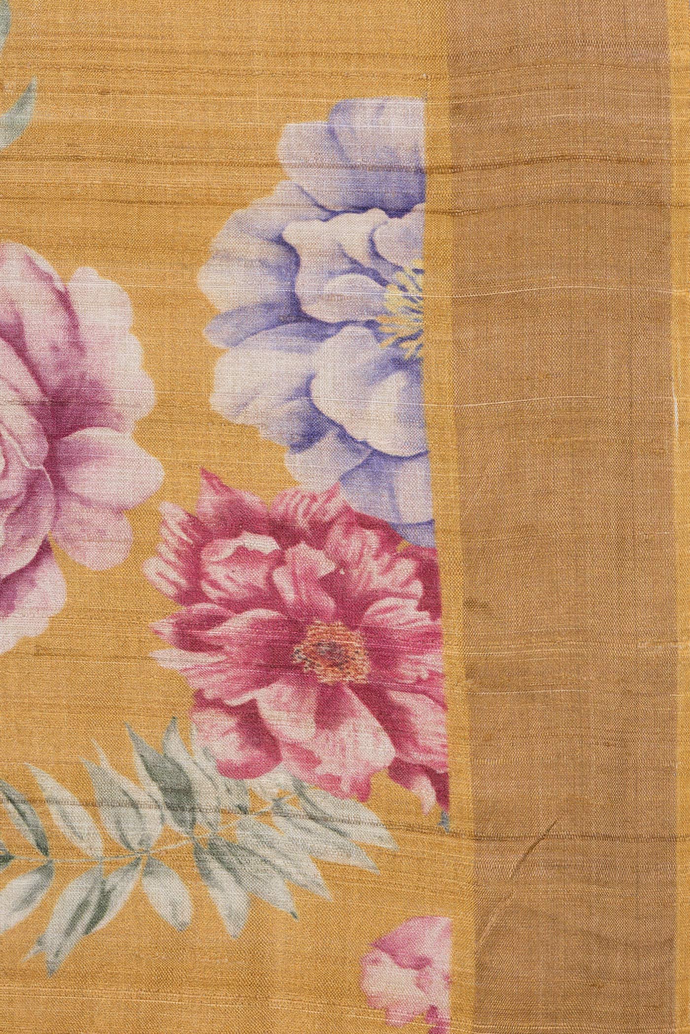 Border image of Mustard Dual Tone Tussar Silk Saree with Printed design on the body and Zari Border. 