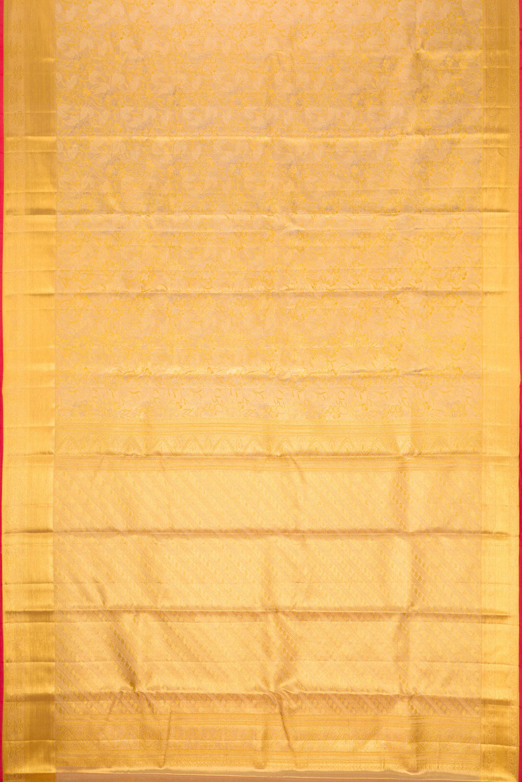 Flat view of Gold Dual Tone Kanchipuram Tissue Silk Saree with Zari Brocade on the body and Zari Border. 