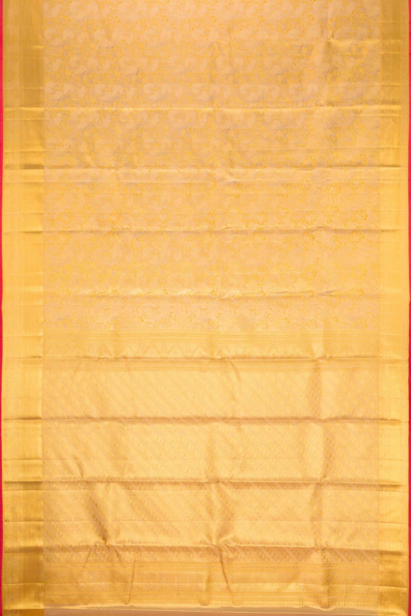 Flat view of Gold Dual Tone Kanchipuram Tissue Silk Saree with Zari Brocade on the body and Zari Border. 