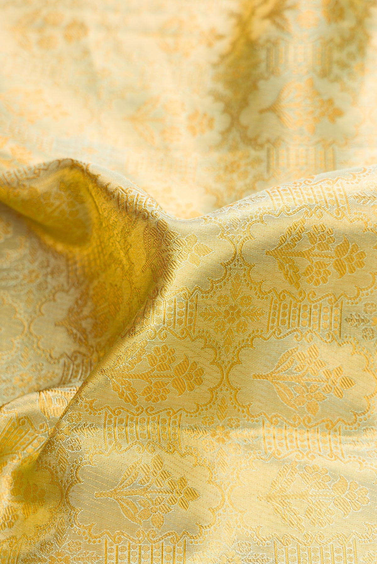 Close up of Pista Green Dual Tone Kanchipuram Tissue Silk Saree with Zari Brocade on the body and Zari Border.  displaying folds