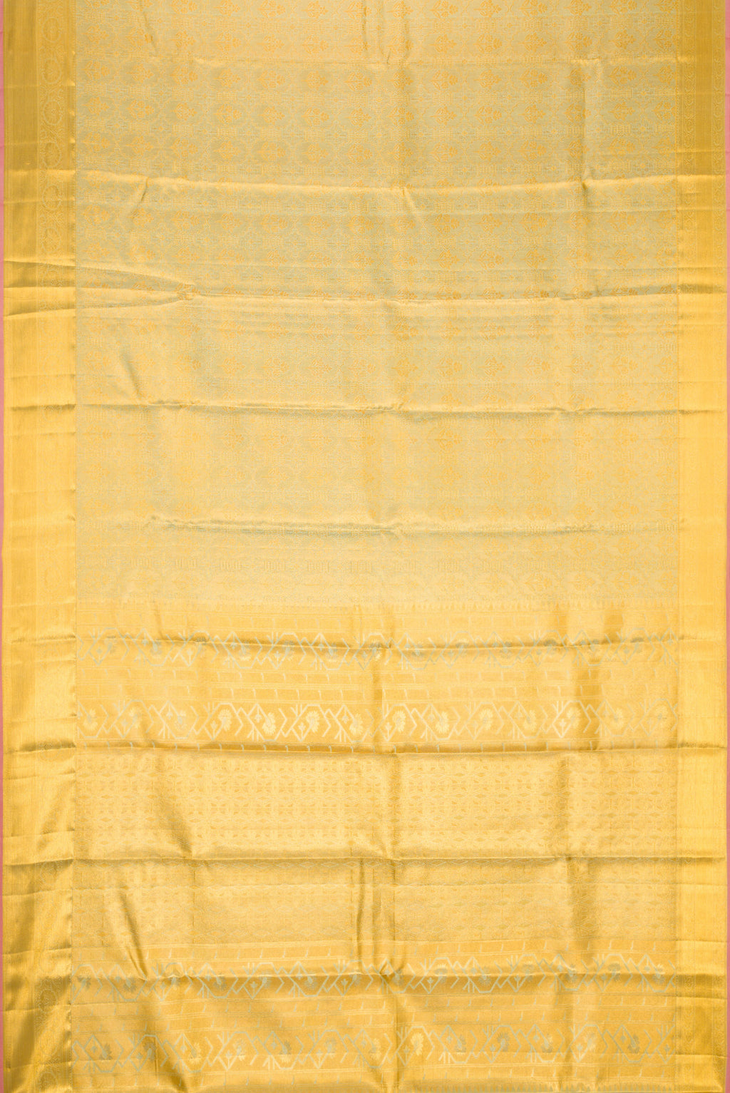 Flat view of Pista Green Dual Tone Kanchipuram Tissue Silk Saree with Zari Brocade on the body and Zari Border. 