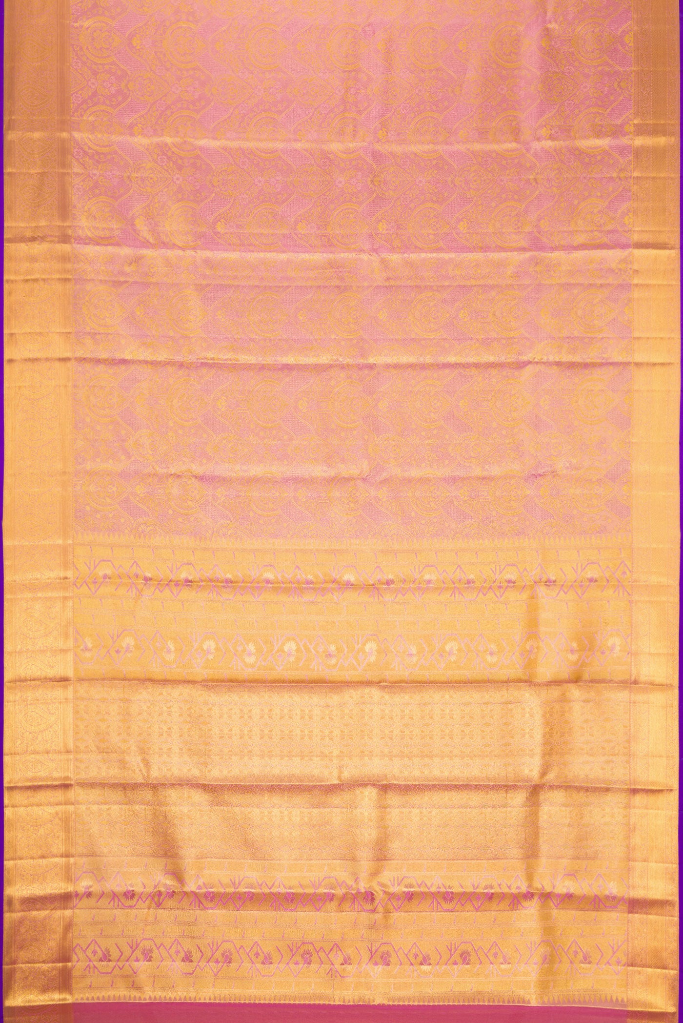Flat view of Pink Dual Tone Kanchipuram Tissue Silk Saree with Zari Brocade on the body and Zari Border. 