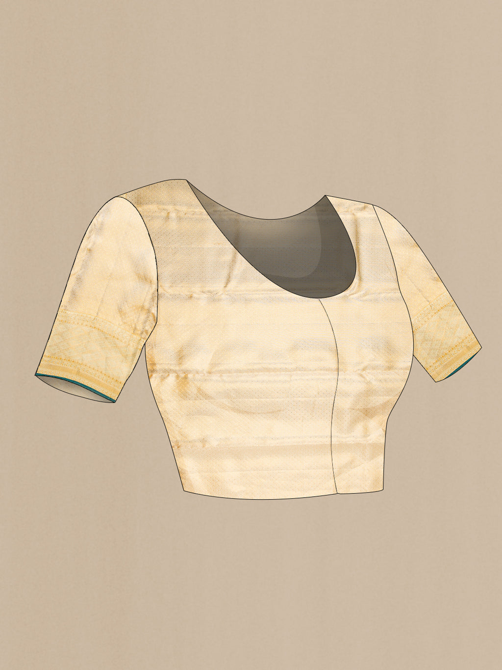 Close up image of the blouse of Gold Dual Tone Kanjivaram Tissue Silk Saree with Zari Butta on the body and Zari Border. 
