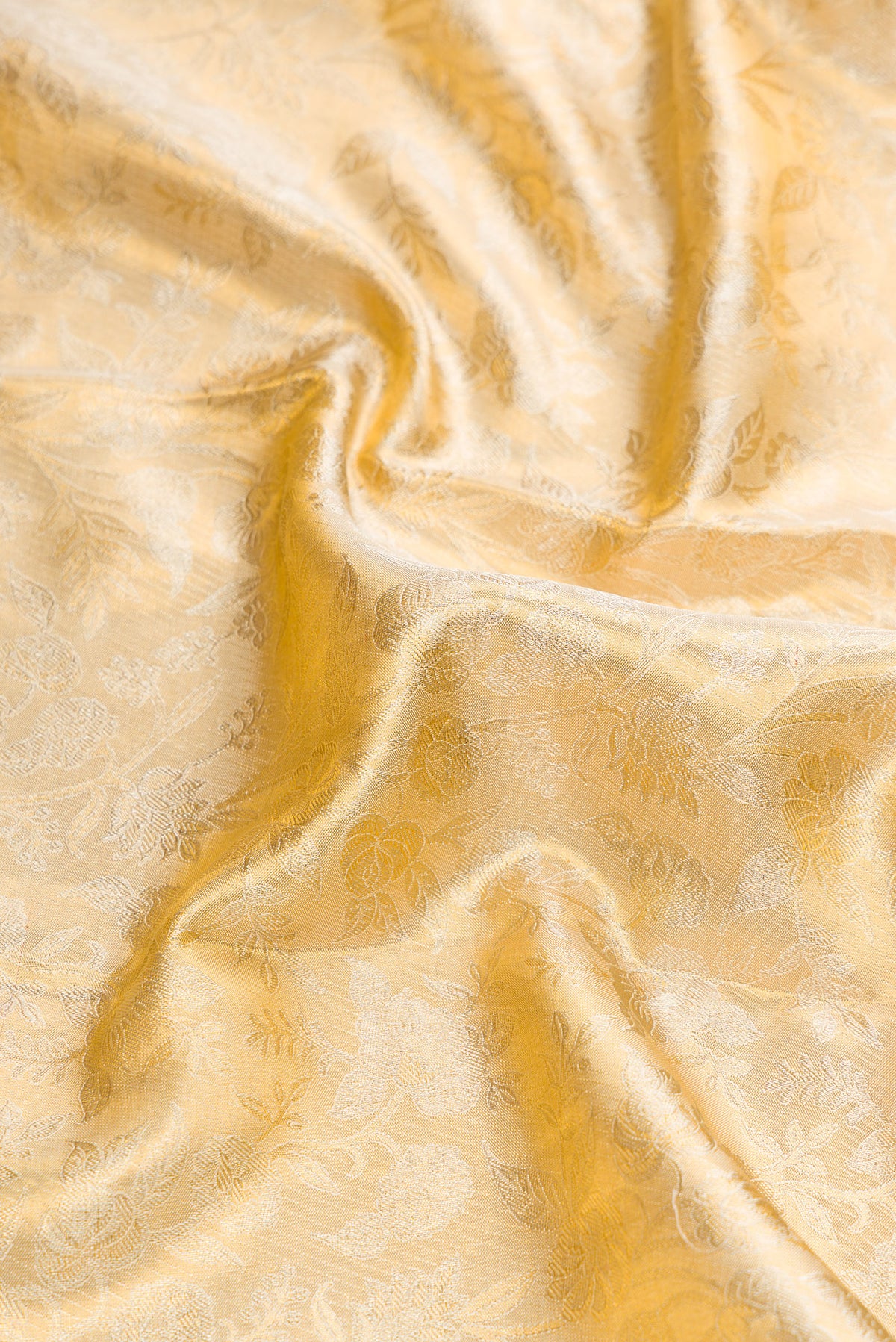 Close up of Gold Dual Tone Kanjivaram Tissue Silk Saree with Zari Butta on the body and Zari Border.  displaying folds