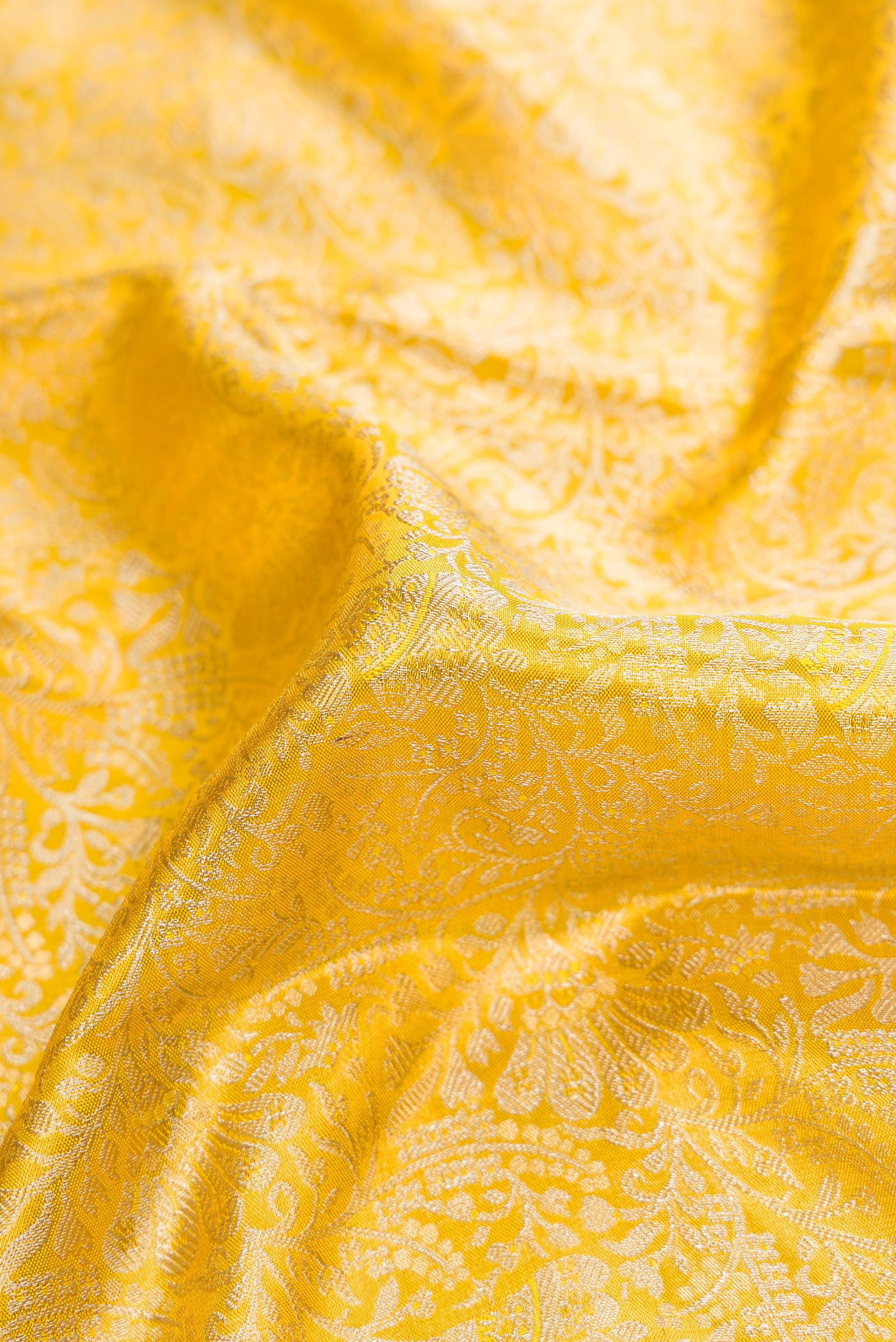 Close up of Gold Dual Tone Kanjivaram Tissue Silk Saree with Zari Brocade on the body and Zari Border.  displaying folds