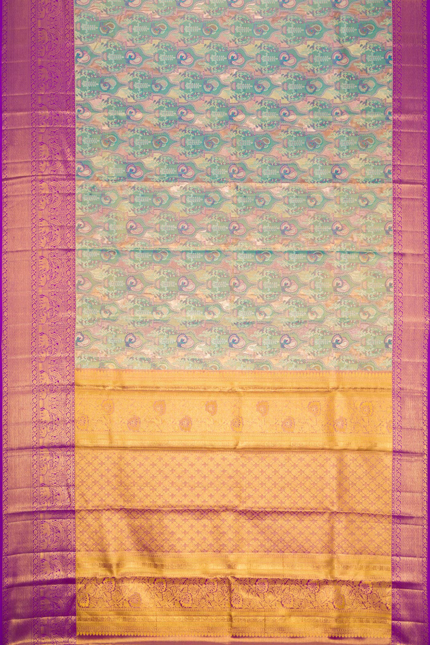 Flat view of Green Dual Tone Kanjivaram Tissue Silk Saree with Zari Brocade on the body and Zari Border. 