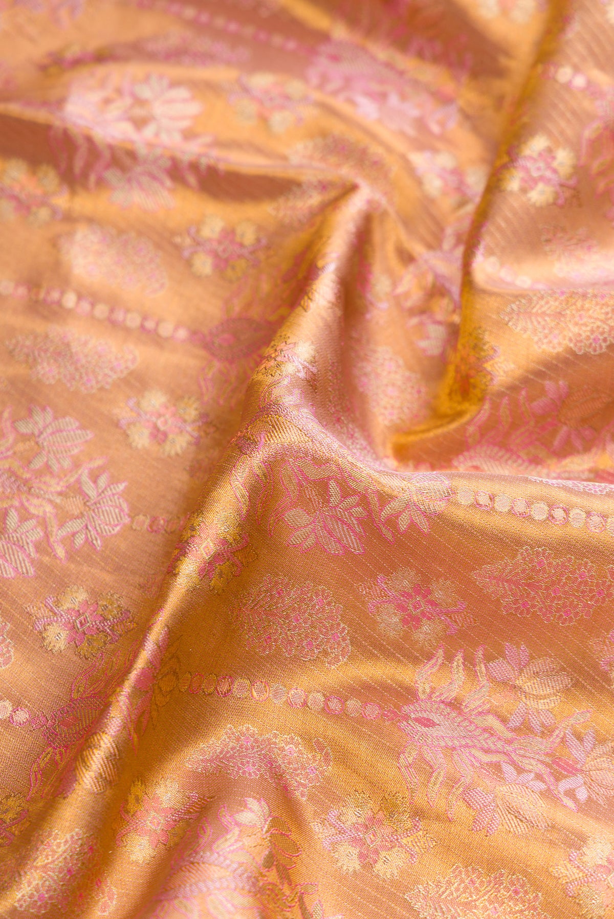 Close up of Gold Dual Tone Kanjivaram Tissue Silk Saree with Zari Brocade on the body and Zari Border.  displaying folds