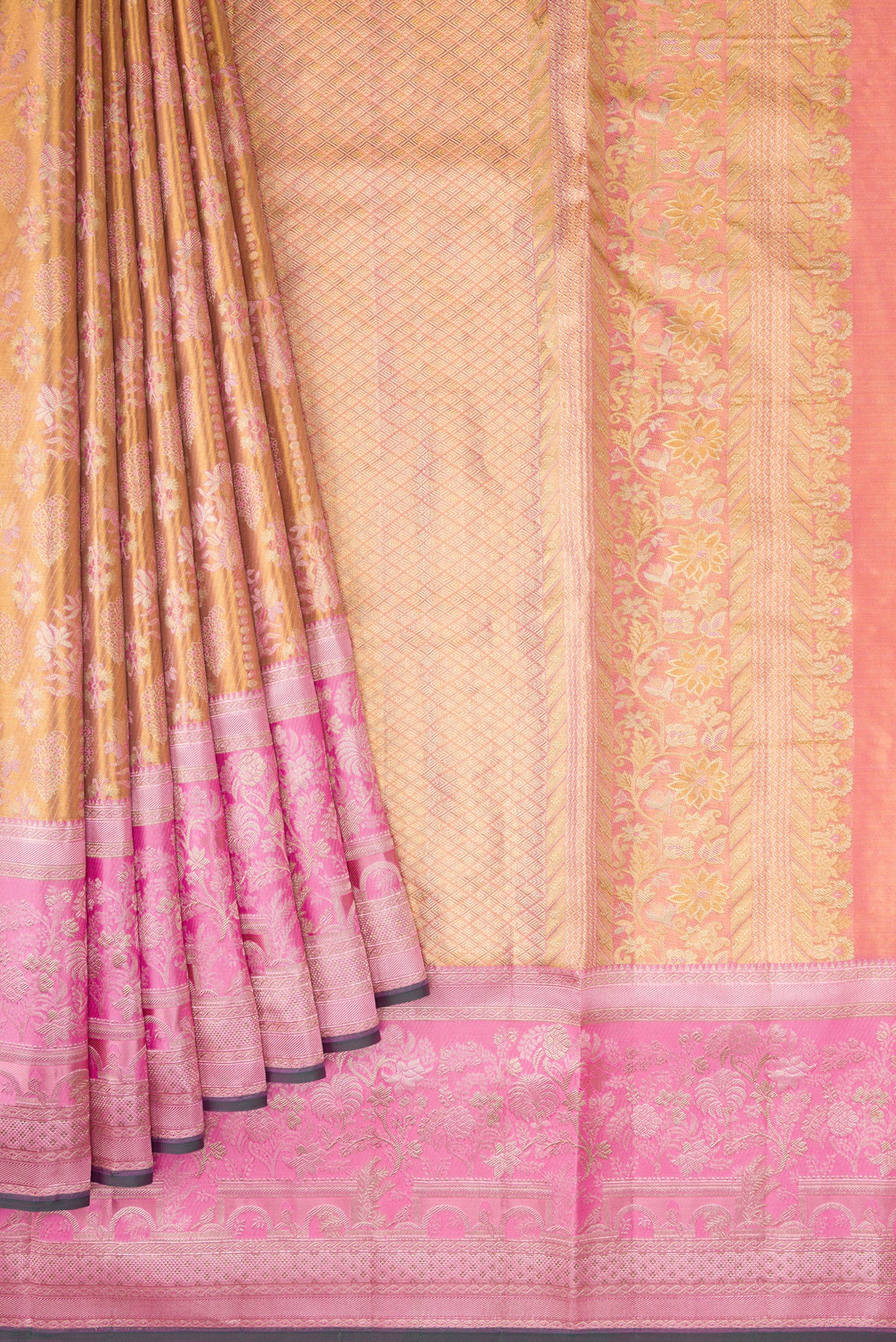 Pleats and pallu of Gold Dual Tone Kanjivaram Tissue Silk Saree with Zari Brocade on the body and Zari Border. 